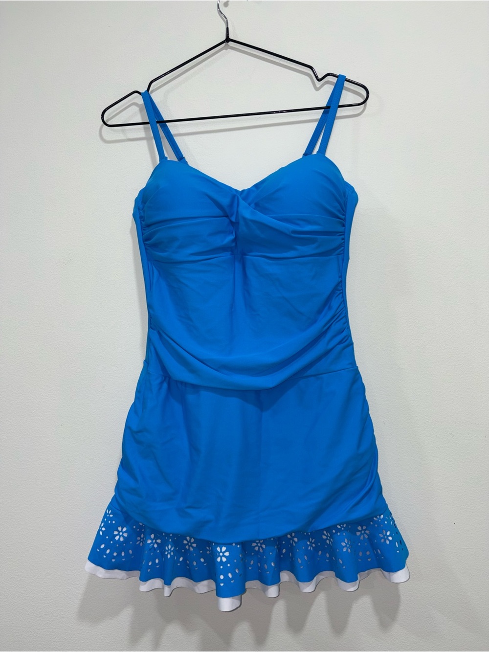 Blue Ruched Swimdress with Skirt Hem